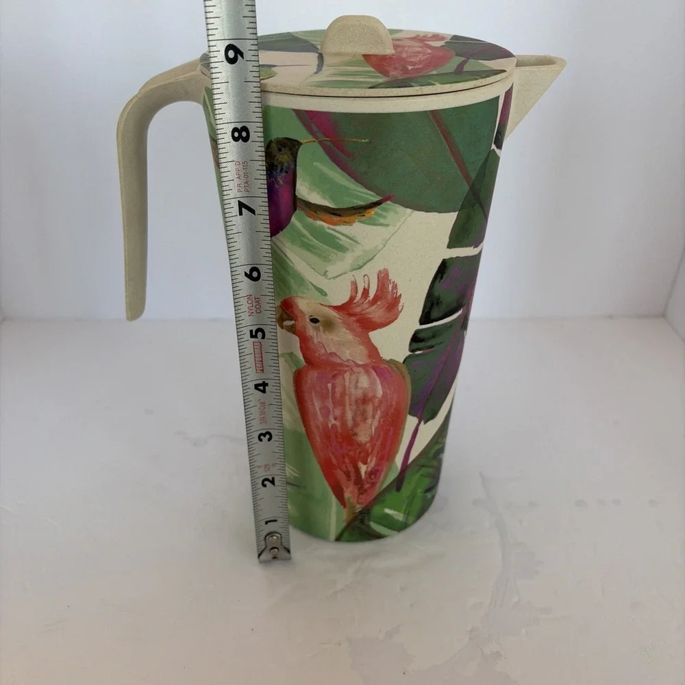 Bamboo Tropical Bird Pitcher Anthropologie style Tropical Summer Tiki Colorful‎
